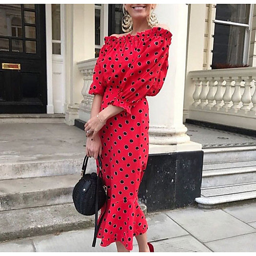 

Women's Sheath Dress Red Half Sleeve Polka Dot Spring Summer Off Shoulder S M L XL