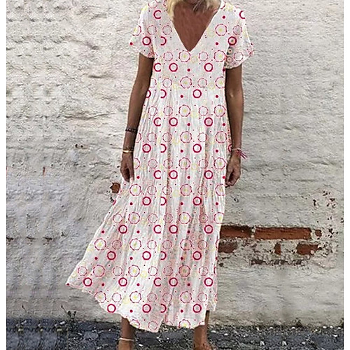 

Women's Swing Dress Midi Dress Yellow Blushing Pink White Light Blue Short Sleeve Geometric Round Neck V Neck Loose S M L XL XXL 3XL