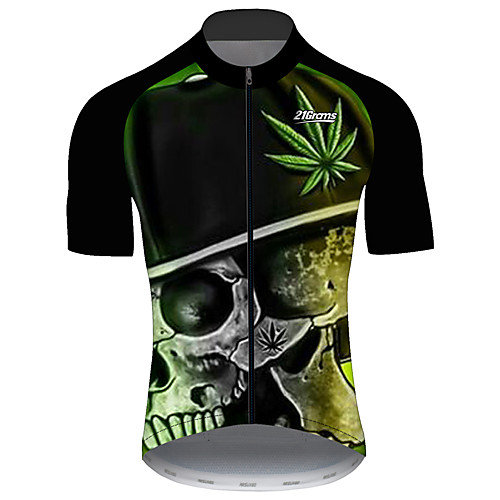 

21Grams Men's Short Sleeve Cycling Jersey Summer Black / Green Sugar Skull Leaf Skull Bike Jersey Top Mountain Bike MTB Road Bike Cycling UV Resistant Quick Dry Breathable Sports Clothing Apparel
