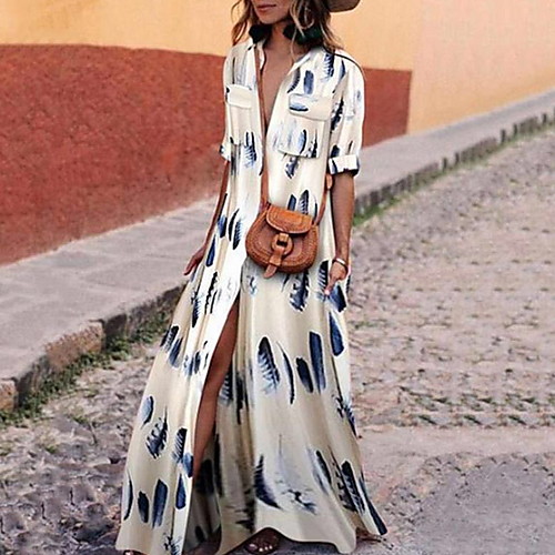 

Women's Maxi Swing Dress - Half Sleeve Floral V Neck White Red S M L XL XXL XXXL