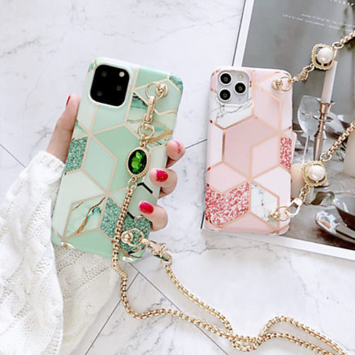 

iPhone 11Pro Max Matcha Green Stitching Marble Phone Case XS Max Can Be Slung Back Long Lanyard Metal Chain 6/7 / 8Plus Protective Case