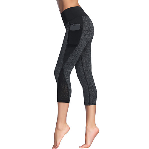 

Women's High Waist Yoga Pants Side Pockets Patchwork Tights Capri Leggings Tummy Control Butt Lift 4 Way Stretch Gray Black Mesh Fitness Gym Workout Running Summer Sports Activewear High Elasticity