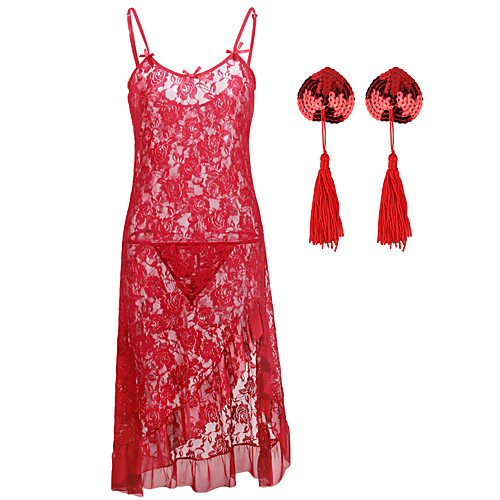 

Women's Sequins Tassel Fringe Cut Out Plus Size Erotic Suits Nightwear Solid Colored White / Black / Red S M L / Lace / Deep V / Lace