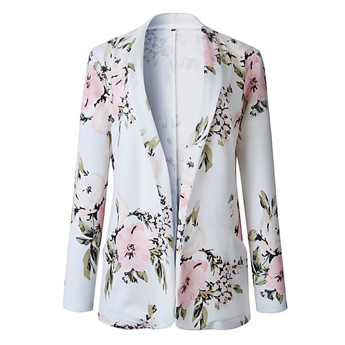 

Women's Daily Regular Coat, Plants Shawl Lapel Long Sleeve Polyester White