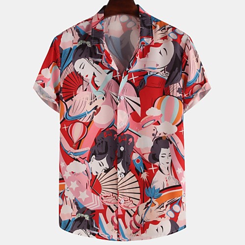 

Men's Floral Shirt - Cotton Tropical Hawaiian Holiday Beach Button Down Collar Red / Short Sleeve