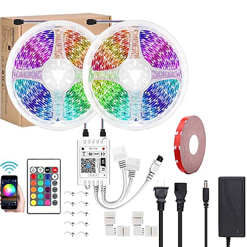 

LED Light Strips WiFi Wireless RGB Tiktok Lights LED Smart Light waterproof 5050 600LEDs 10M With 24 Keys Remote Control Flexible Tape Lights Fits AlexaGoogle Home and 12V power adapter