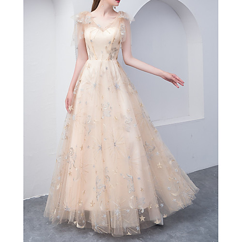 

A-Line Glittering Empire Wedding Guest Formal Evening Dress V Neck Sleeveless Floor Length Tulle with Embroidery 2020