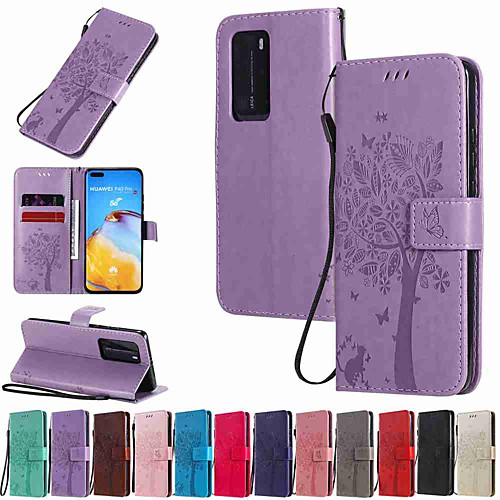 

Case For Huawei P40 / Huawei P40 Pro / Huawei P40 lite Wallet / Card Holder / with Stand Tree Cat Embossing PU Leather / TPU for Huawei Mate 30 / Mate 30 Lite / Honor 10 Lite / Honor 9X Pro