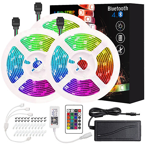 

50ft 3x5M App Intelligent Control Bluetooth Music Sync Flexible Led Strip Lights 5050 RGB SMD 450 LEDs IR 24 Key Bluetooth Controller with Installation Package 12V 6A Adapter Kit