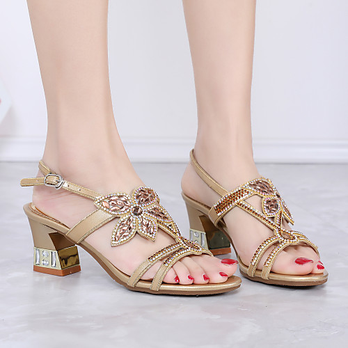 

Women's Sandals 2020 Heel Sandals Summer Pumps Open Toe Casual Sweet Daily Party & Evening Rhinestone / Crystal / Sparkling Glitter Floral PU Black / Purple / Gold