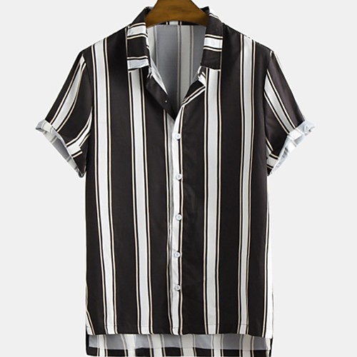 

Men's Striped Shirt - Cotton Tropical Hawaiian Holiday Beach Button Down Collar Black / Short Sleeve