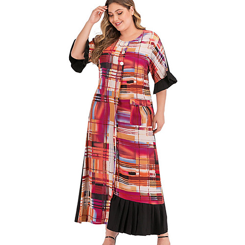 

Women's Sheath Dress Maxi long Dress Red Short Sleeve Plaid Summer Round Neck Elegant 2021 L XL XXL 3XL