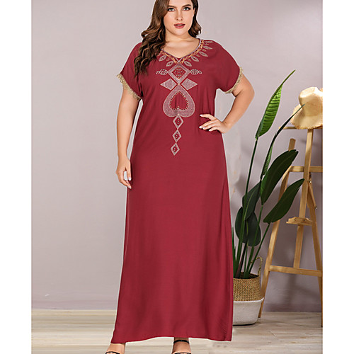 

Women's Sheath Dress Maxi long Dress Wine Short Sleeve Print Summer V Neck Elegant 2021 L XL XXL 3XL