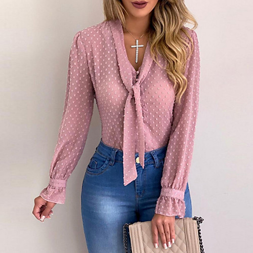 

Women's Plus Size Blouse Shirt Polka Dot Solid Colored Sexy Long Sleeve Rivet V Neck Basic Tops White Black Blushing Pink