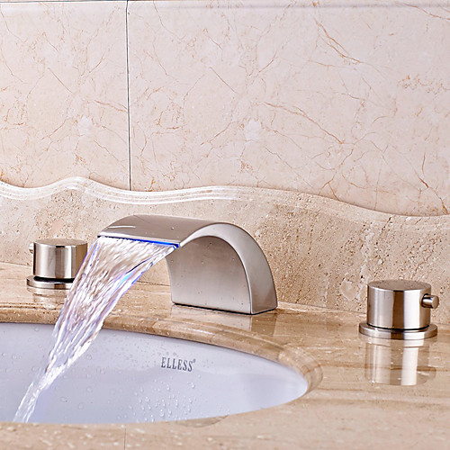 

Bathroom Sink Faucet - LED / Widespread / Waterfall Nickel Brushed Deck Mounted Two Handles Three HolesBath Taps