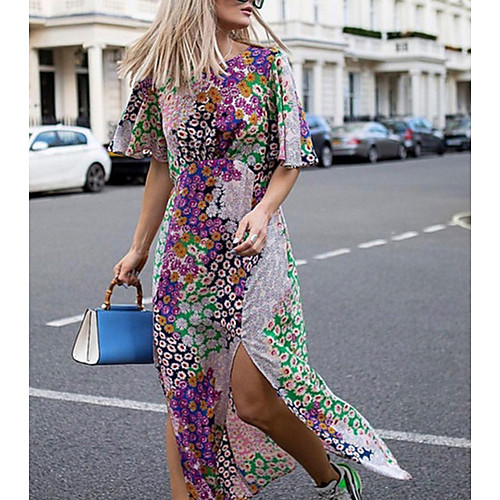 

Women's Maxi Shirt Dress - Sleeveless Print Summer V Neck Elegant Slim 2020 Purple S M L XL
