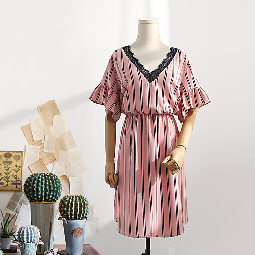 

Women's A Line Dress Knee Length Dress Blushing Pink Short Sleeve Striped Lace Summer V Neck Elegant Casual Going out Loose 2021 L XL XXL 3XL 4XL