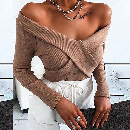 

Women's Solid Colored Long Sleeve Pullover Sweater Jumper, Deep V Khaki S / M / L