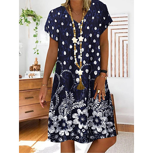 

Women's Sheath Dress Knee Length Dress Blue Red Light Blue Short Sleeve Sun Flower Floral Polka Dot Embroidered Spring Summer Round Neck Mumu Boho Going out Capped 2021 S M L XL XXL 3XL 4XL