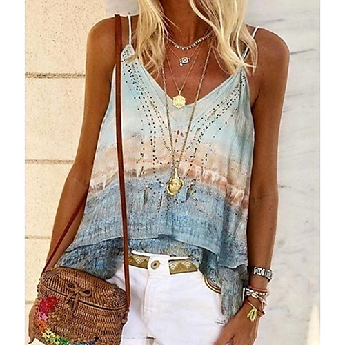 

Women's Going out Plus Size Blouse Shirt Color Block Tie Dye V Neck Tops Blue Green Gray