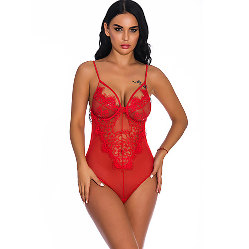 

Women's Lace Mesh Bodysuits Nightwear Solid Colored White / Black / Red S M L