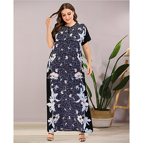 

Women's A Line Dress Maxi long Dress Dusty Blue Short Sleeve Print Summer Round Neck Casual Mumu 2021 L XL XXL 3XL