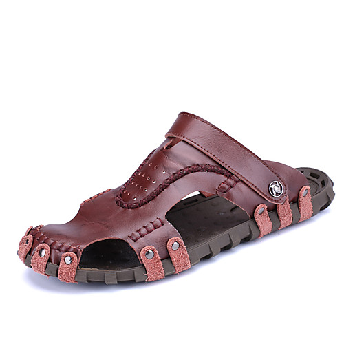 

Men's Summer Casual Daily Sandals Walking Shoes Cowhide Breathable Light Brown / Dark Brown / Black