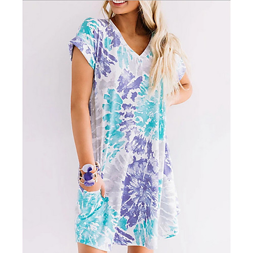 

Women's Shift Dress - Short Sleeves Print Summer Elegant 2020 Light Blue S M L XL