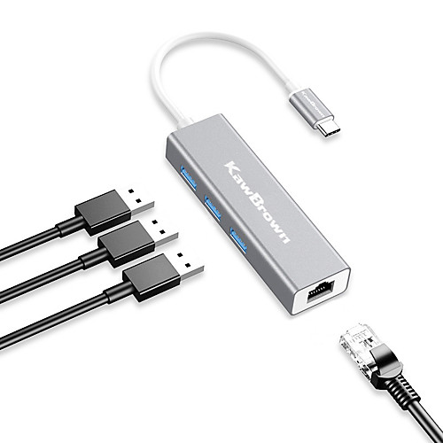 

KawBrown 3 Ports Type-C to USB 3.0 To RJ45 Ethernet Hub 5Gbps Ethernet Adapter Network Card USB Lan For Macbook Windows Aluminum alloy Hub