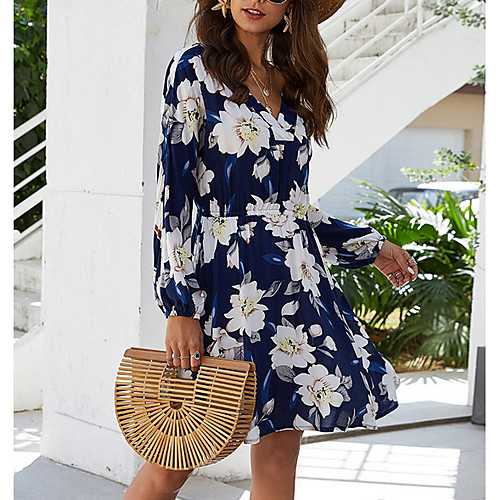 

Women's A Line Dress - Long Sleeve Floral Summer V Neck Elegant Slim 2020 Blushing Pink Navy Blue S M L XL
