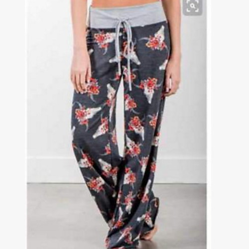 

Women's Basic Loose Wide Leg Pants - Floral Drawstring Red S / M / L