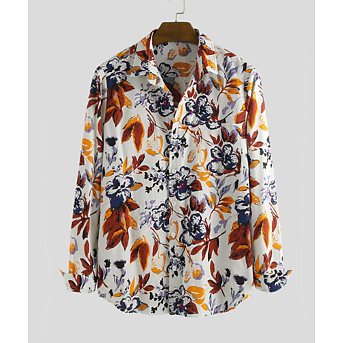 

Men's Floral Shirt - Cotton Tropical Hawaiian Holiday Beach Button Down Collar Blue / Red / Green / Long Sleeve