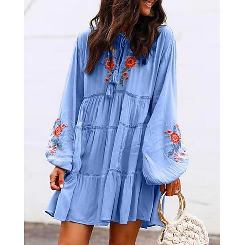 

Women's A-Line Dress Short Mini Dress - Long Sleeve Floral Summer V Neck Boho Loose 2020 Red Green Light Blue S M L XL XXL XXXL XXXXL