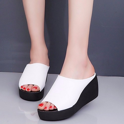 

Women's Slippers & Flip-Flops Summer Wedge Heel Open Toe Daily PU White / Black