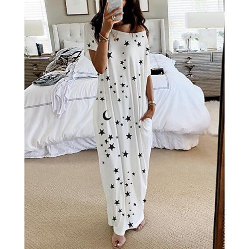 

Women's Shift Dress Maxi long Dress - Short Sleeves Print Summer Elegant 2020 White Blue Blushing Pink Light gray S M L XL