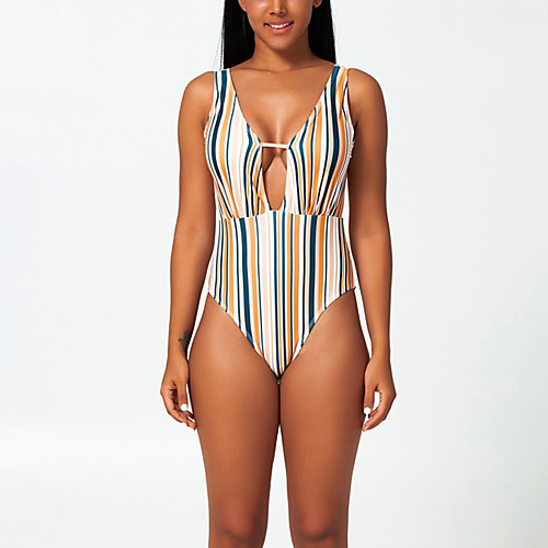 

Women's Basic White Halter Cheeky One-piece Swimwear Swimsuit - Striped Backless Print S M L White