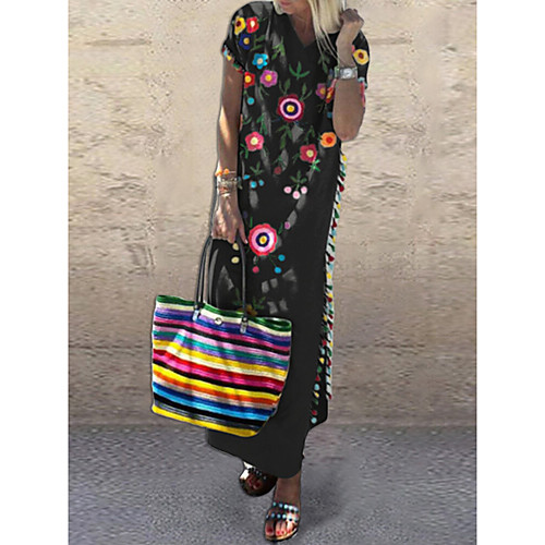 

Women's Maxi Shift Dress - Short Sleeves Print Summer V Neck Casual Chinoiserie 2020 Black Blushing Pink Dusty Blue S M L XL XXL XXXL XXXXL XXXXXL