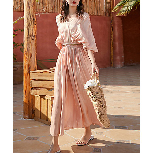 

Women's Maxi Sundress Dress - Half Sleeve Solid Color Summer V Neck Elegant 2020 Blushing Pink S M L XL