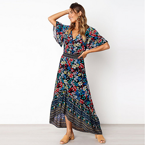 

Women's Sheath Dress Maxi long Dress - Short Sleeves Floral Summer Elegant 2020 White Black Blue S M L XL
