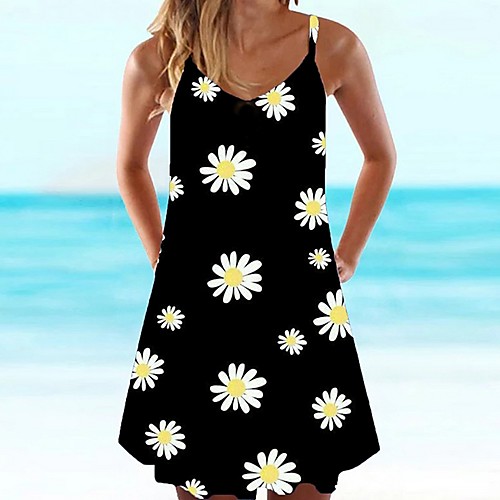 

Women's Strap Dress Daisy Knee Length Dress - Sleeveless Floral Summer Casual 2020 Black Blue Green S M L XL