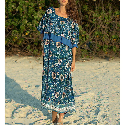

Women's Sundress Maxi long Dress Blue Half Sleeve Print Summer Round Neck Casual Loose 2021 M L XL XXL