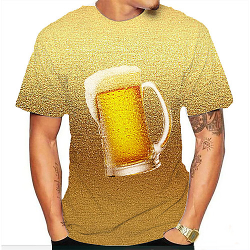 

Men's T shirt Shirt Graphic Beer Print Short Sleeve Daily Tops Basic Round Neck Khaki