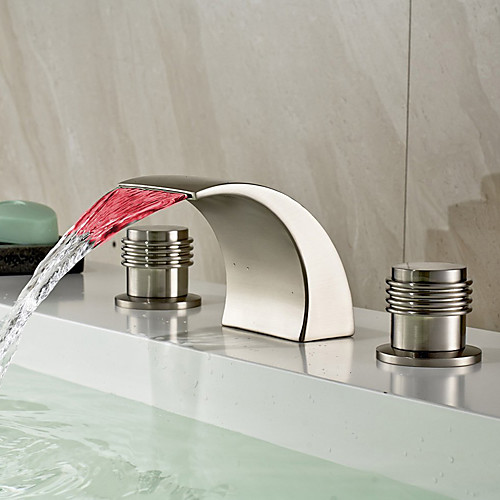 

Bathroom Sink Faucet - LED / Widespread / Waterfall Nickel Brushed Deck Mounted Two Handles Three HolesBath Taps