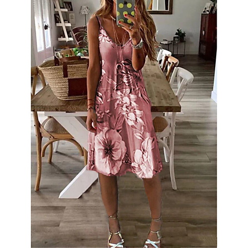 

Women's Sundress Knee Length Dress Purple Yellow Wine Gray Sleeveless Floral Print Summer V Neck Hot Sexy Holiday 2021 S M L XL XXL 3XL