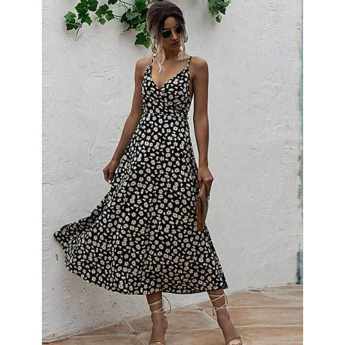 

Women's A-Line Dress Midi Dress - Sleeveless Floral Summer Casual Mumu 2020 Black Purple Green S M L XL