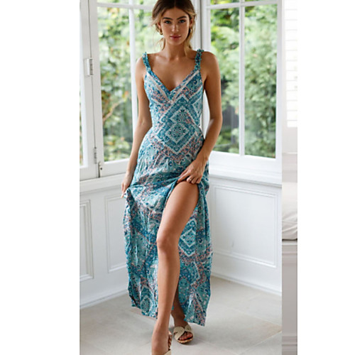 

Women's Strap Dress Maxi long Dress - Sleeveless Print Summer Casual Chinoiserie 2020 Light Blue S M L XL