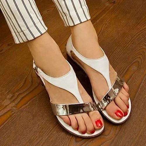 

Women's Sandals Flat Sandal Spring & Summer Flat Heel Round Toe Daily Solid Colored PU White / Black
