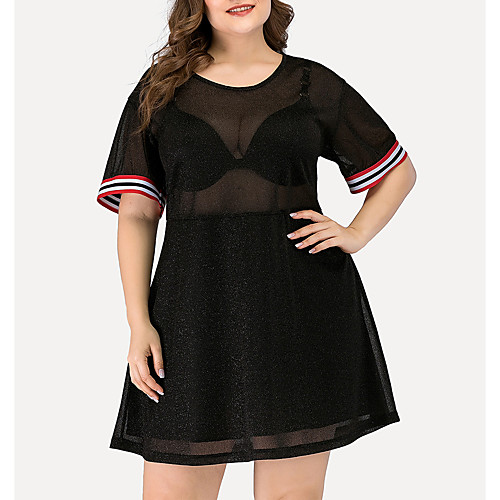 

Women's Chiffon Dress Short Mini Dress Black Short Sleeve Solid Color Mesh Lace Summer Round Neck Sexy Holiday Going out Loose 2021 L XL XXL 3XL 4XL / Plus Size