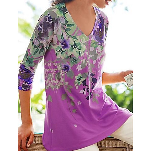 

Women's T shirt Floral Flower V Neck Tops Blue Purple Yellow