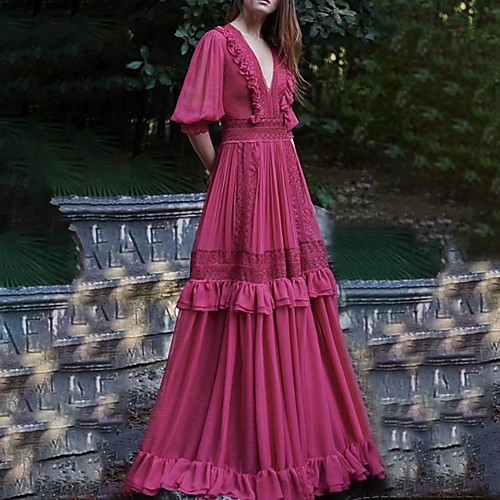 

A-Line Boho Empire Holiday Party Wear Dress V Neck Half Sleeve Floor Length Chiffon with Ruffles Lace Insert 2020
